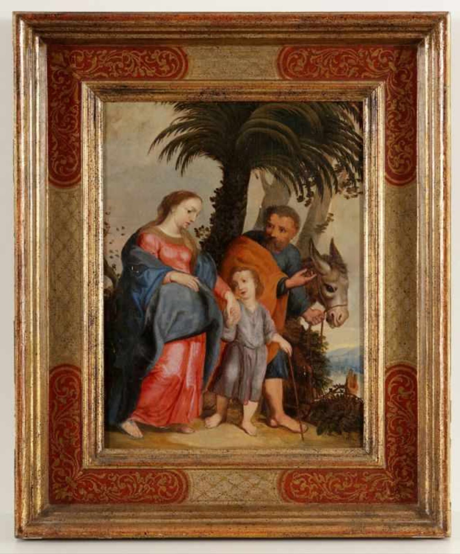Künstler des späten 18. Jahrhunderts- Flucht nach Ägypten - Öl/Holz. 36,5 x 27,5 cm. Unleserlich - Image 2 of 2