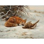 Willi Lorenz1901 Köln - 1981 Köln - Fuchs mit Beute im Schnee - Öl/Lwd. 60 x 80 cm. Sign. l. u.: