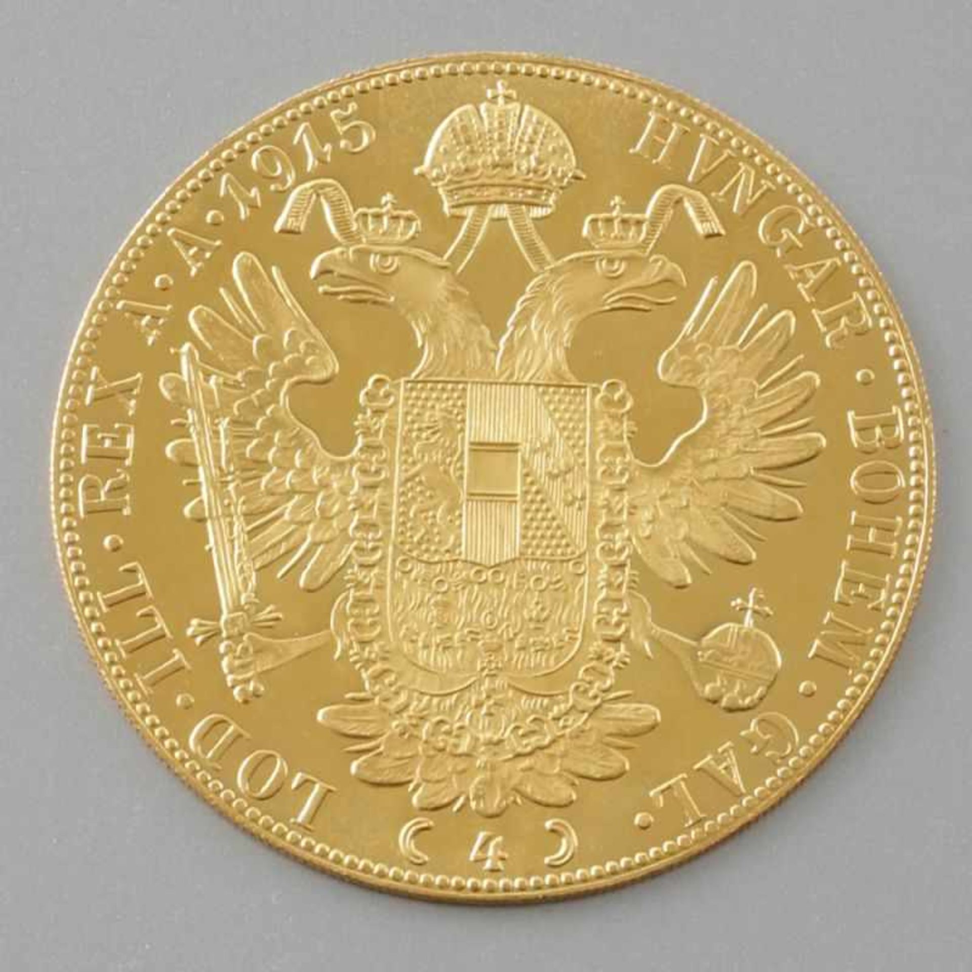 4 DukatenÖsterreich, 1915. 986er GG. D. 39,5 mm. Gew. 13,96 g. VZ. Vs.: Porträt Franz Josef. Rs.: - Image 2 of 2