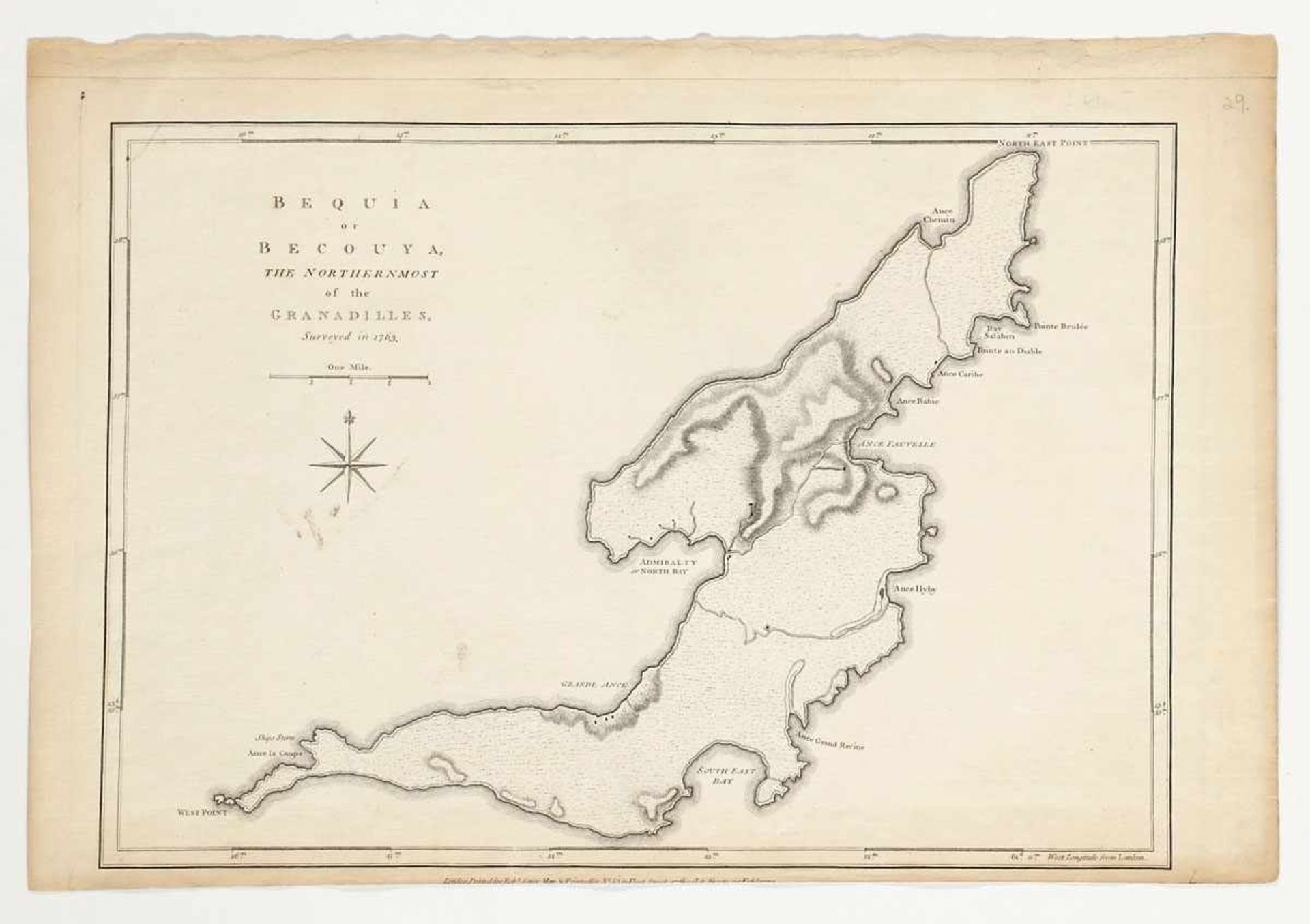Kupferstecher des 18. Jahrhunderts- "Bequia or Becouya the northernmost of the Granadilles, Surveyed