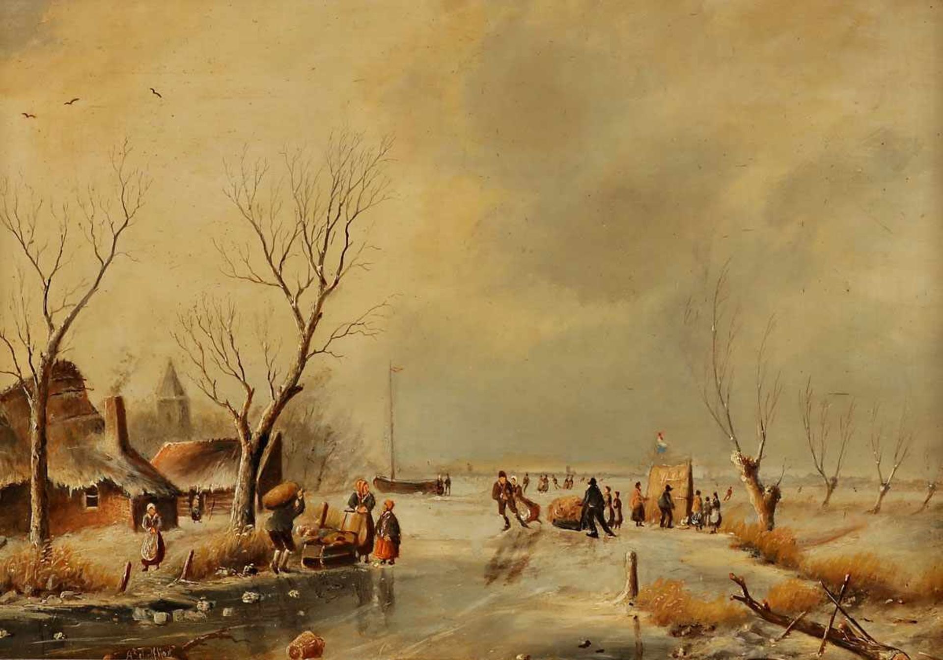 Andreas Schelfhout1787 Den Haag - 1870 Den Haag attr. - Eisvergnügen - Öl/Holz. 28,5 x 40 cm. Bez.