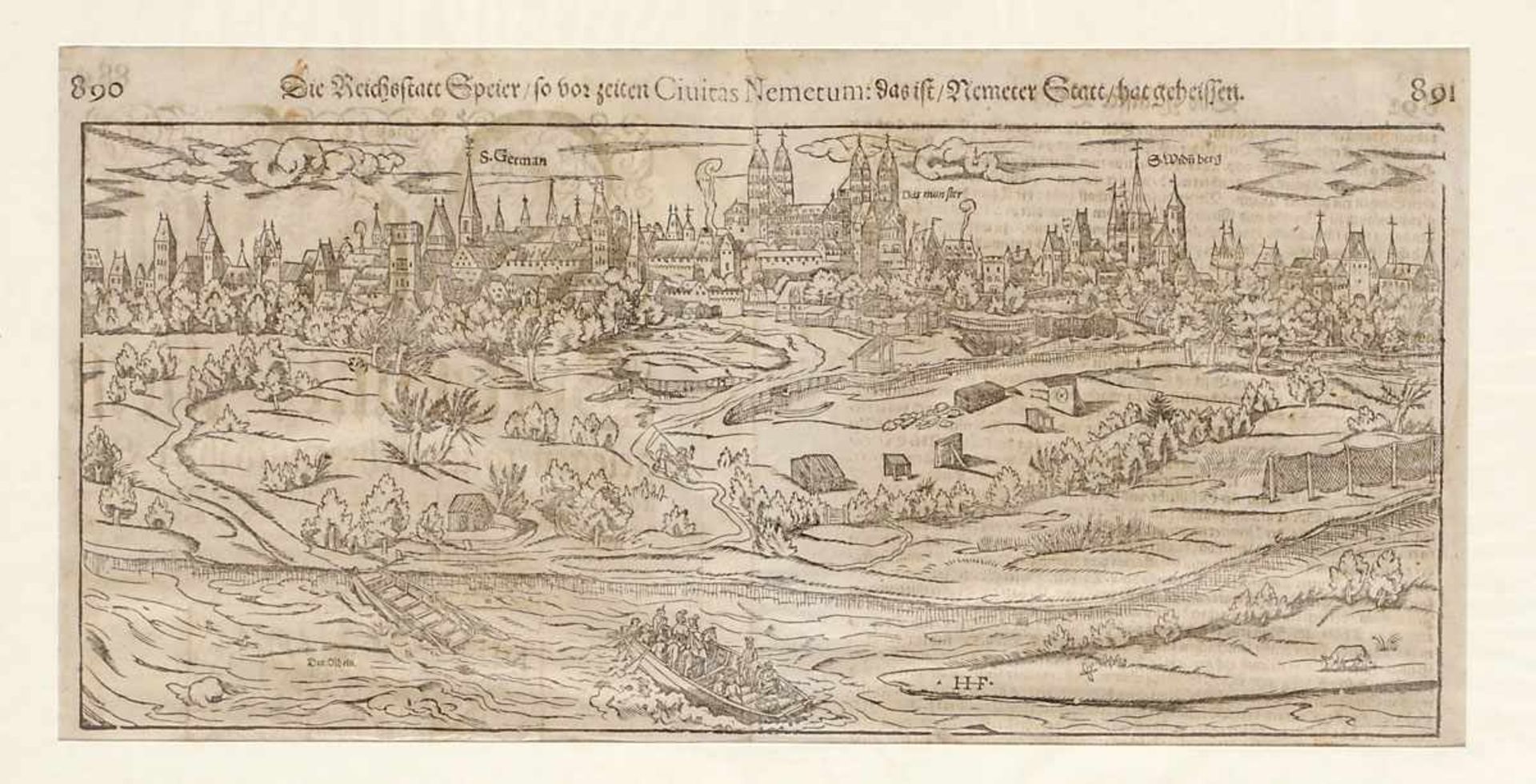 Sebastian Münster1488 Nieder-Ingelheim - 1552 Basel - "Die Reichstatt Speier..." - Holzschnitt.