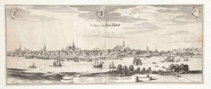 Kaspar Merian1627 Frankfurt - 1686 Holland - "Prospect der Stadt Rostock" - Kupferstich. Mittelfalz.
