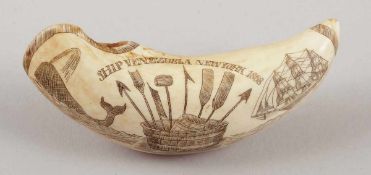 Scrimshaw PottwalzahnUSA. 19. Jahrhundert. Elfenbein. poliert, graviert & geschwärzt. L. 10 cm.