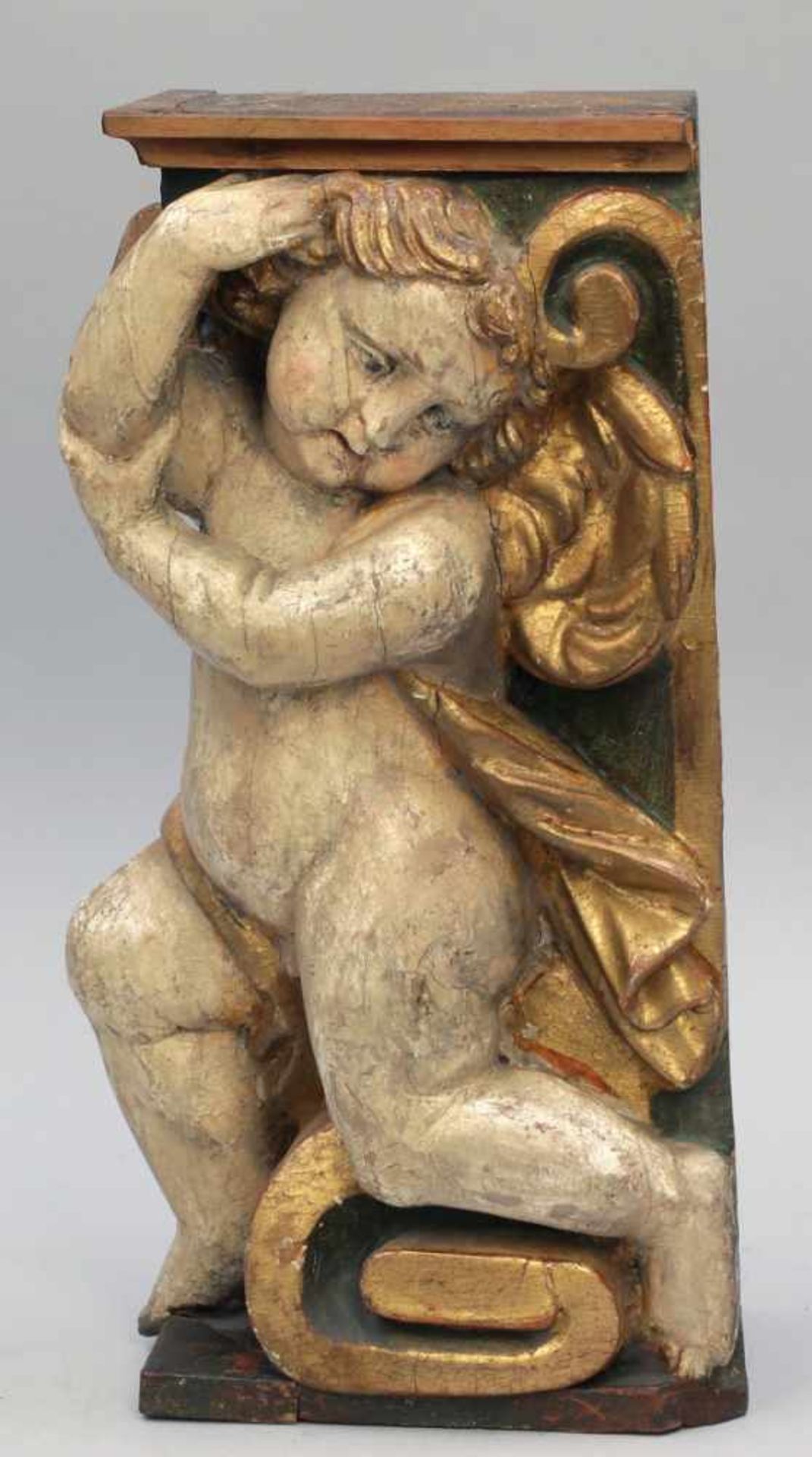 Bildschnitzer des 18. Jahrhunderts- Konsole mit Putto - Holz. Polychrom und gold gefasst. H. 44,2