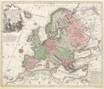 Tobias Konrad Lotter1717 - 1777 - "Europa" - Kolor. Kupferstich. Mittelfalz. 49 x 58 cm. 49,5 x 58,5
