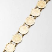 Schweres Münz-Armband - "Vreneli"2. Hälfte des 20. Jahrhunderts. 750/- Gelbgold, gestempelt. 900/-