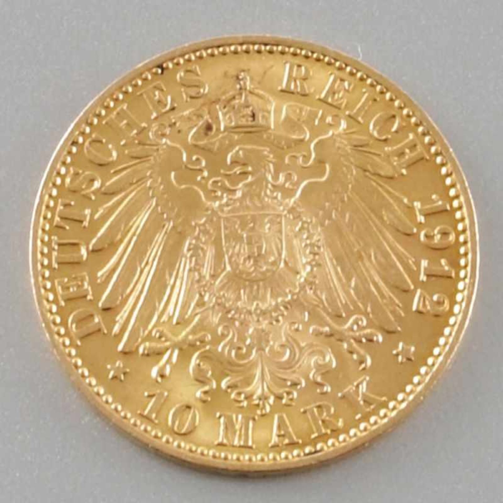 10 MarkPreußen, 1912 A. 900er GG. D. 19,5 mm. Gew. 3,98 g. SS. Vs. Porträt Wilhelm II. Rs. - Bild 2 aus 2