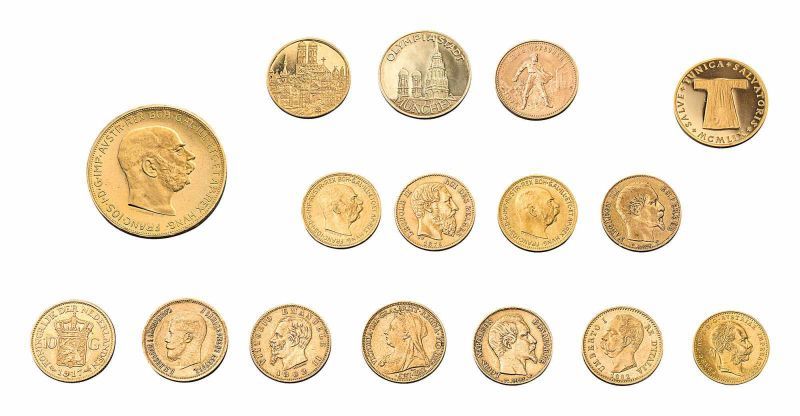 Sammlung von 13 Goldmünzen und drei Medaillen Feingold und GG 14 Kt. Eine 100-Kronen-Münze Franz