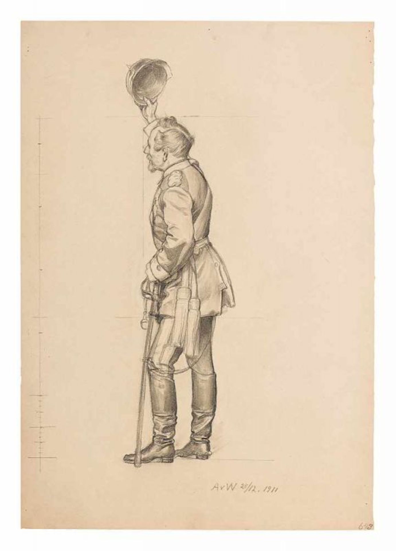 Werner, Anton Alexander von 1843 Frankfurt a.d.O. - 1915 Berlin.Grüßender Soldat. Bleistift auf