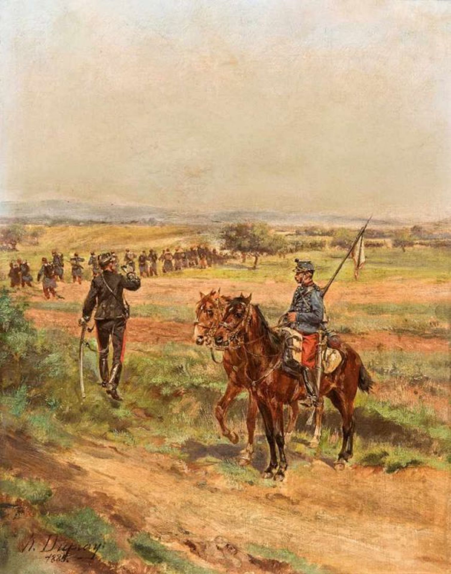 Dupray, Henri-Louis 1841 Sedan - 1909 Paris.Schweizer Militär mit Offizieren zu Pferde. Öl auf