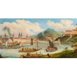 Prül, F. Vedutenmaler 19. Jh.Blick auf die Kettenbrücke und den Budaer Burgberg in Budapest. Öl