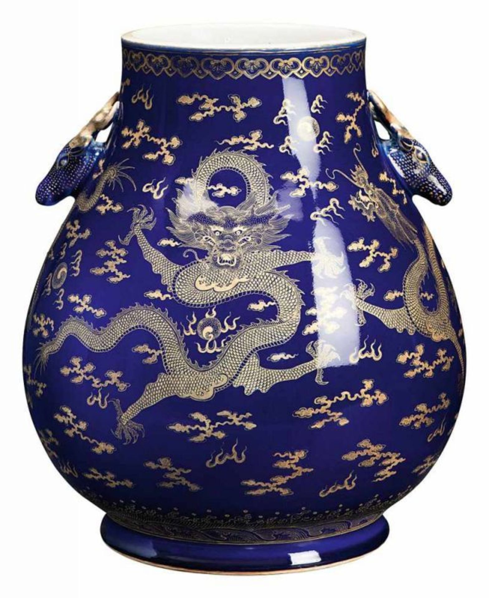 Große kobaltblaue Balustervase China 20. Jh. Porzellan, kobaltblau bemalt, und goldstaffiert.