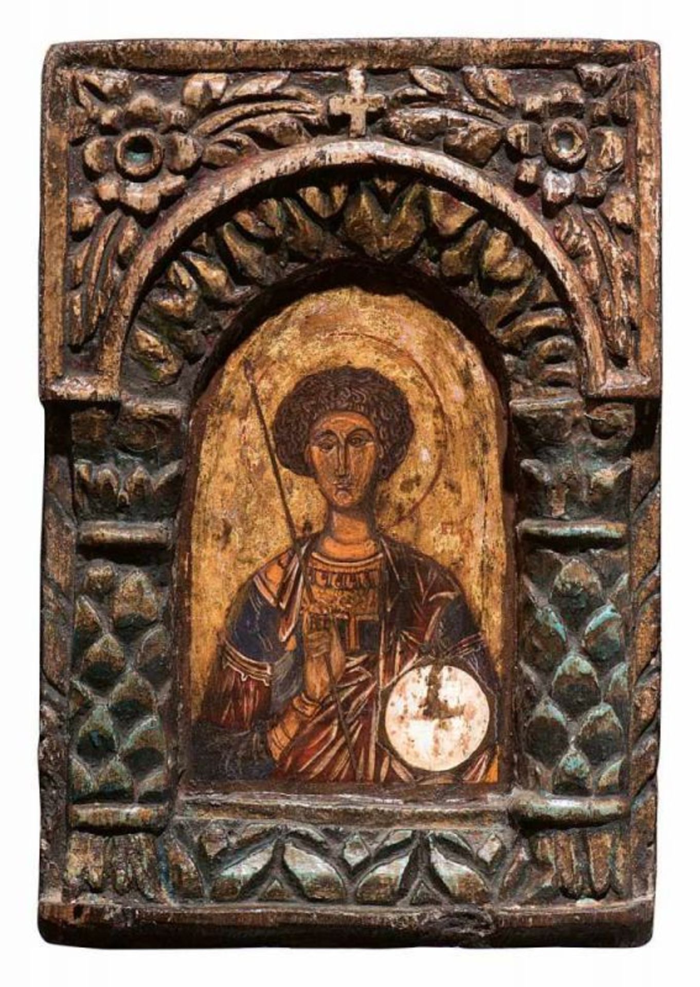 Ikone eines Heiligen mit geschnitzter Rahmung Balkan oder Griechenland 19. Jh. Eitempera über