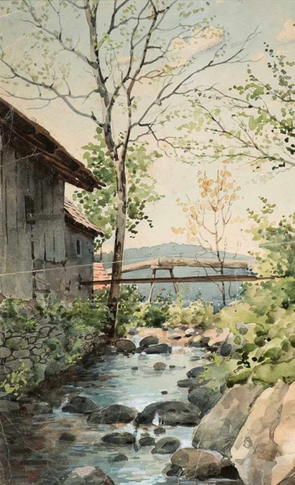 Hauptmann, Karl 1880 Freiburg i.Br. - 1947 Todtnau.Alte Mühle mit Bächlein. Aquarell über