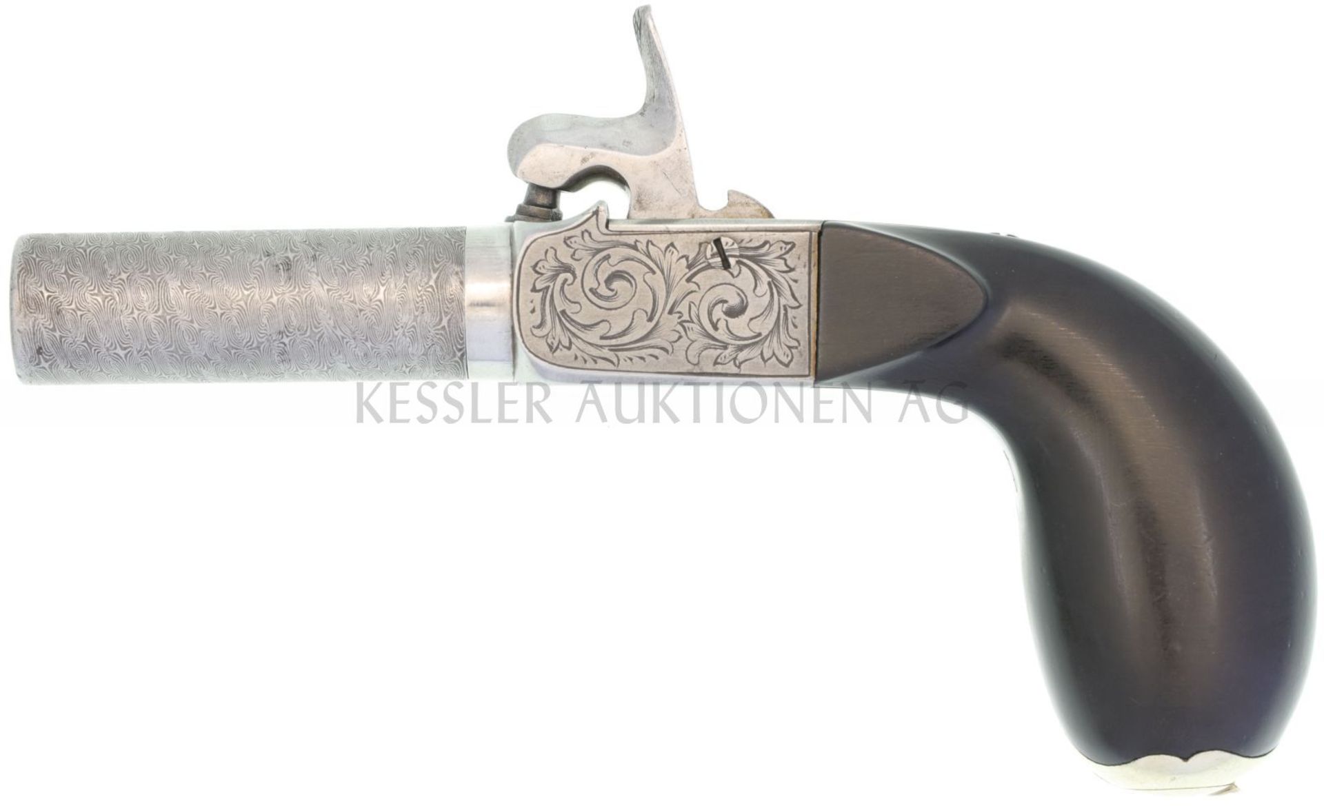 Reisepistole, Perkussionszündung, Kastenschloss, Kal. 13mm LL 54mm, Damastrundlauf mit 8 Zügen,