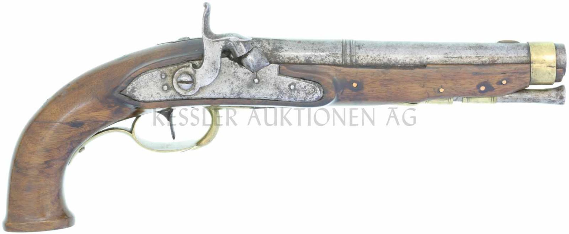 Perkussionsreisepistole, Kal. 16mm LL 192mm, TL 340mm, Rundlauf, Wurzel achtkantig, Messingkorn.