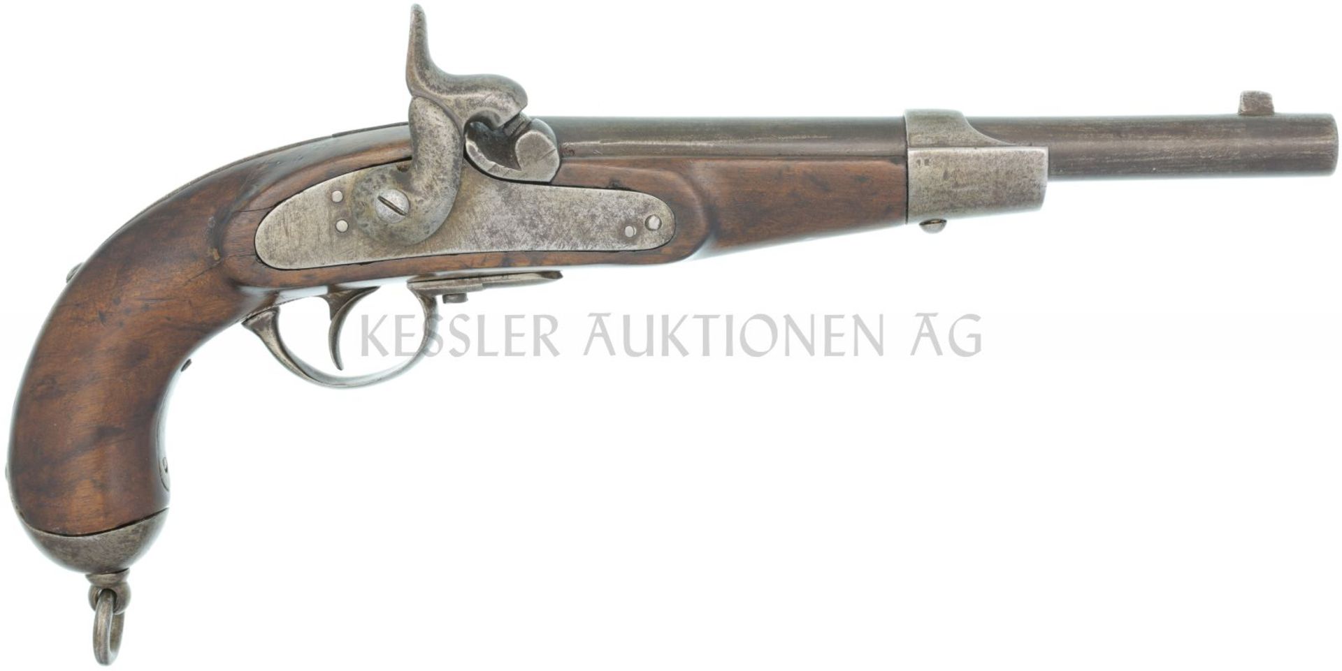 Perkussionspistole, Österreich M/59, Kal. 13,9mm LL 263mm, TL 418mm, gebräunter Rundlauf mit 4