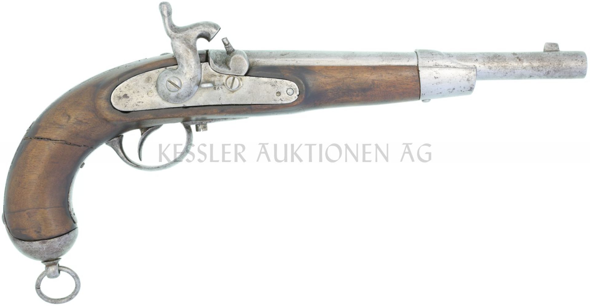 Perkussionspistole, Östereich, Mod. 1863, Kal. 14,5mm LL 262mm, Rundlauf, aufgelötetes Dachkorn.