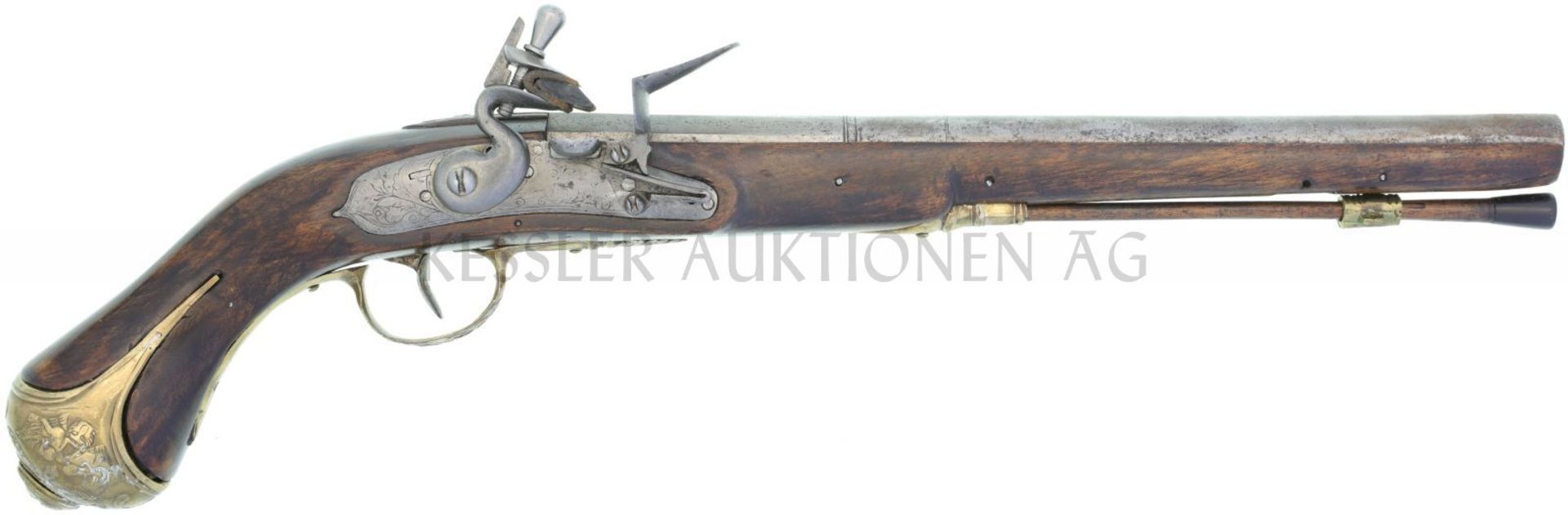 Steinschlosspistole, französisch, Kal. 13.7mm LL 325mm, TL 500mm, Rundlauf mit achtkantiger