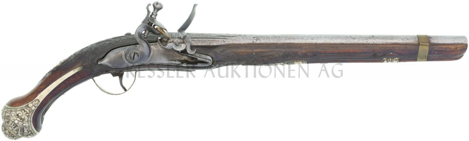 Steinschlosspistole, Italien für den arabischen Markt, Kal. 15.5mm LL 345mm, TL 520mm, Rundlauf