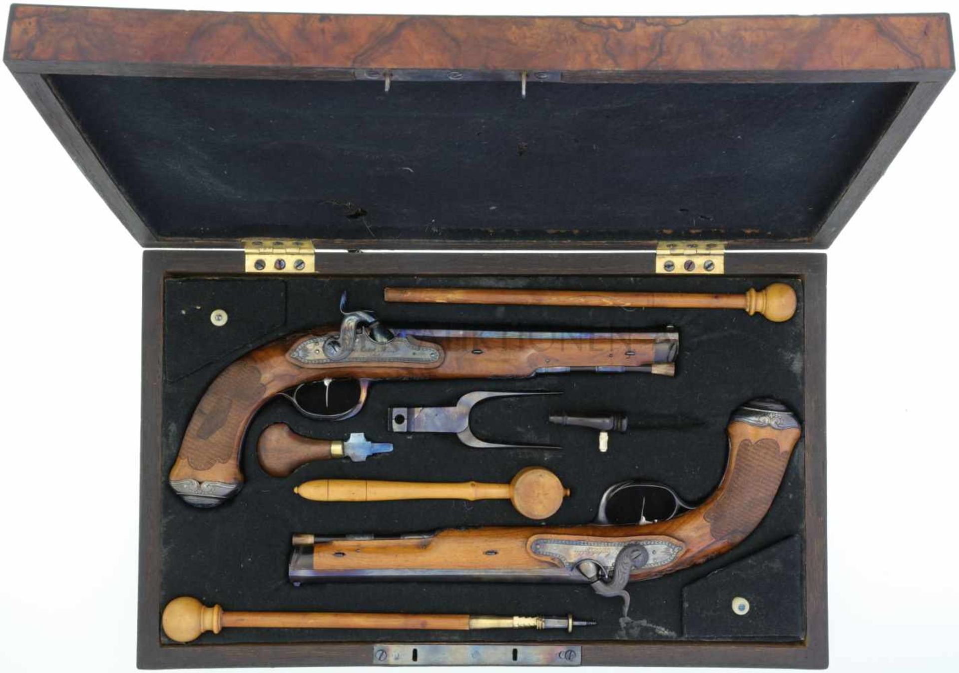 Perkussionspistolenpaar, Anschütz & Söhne, Suhl, Kal. 12,5mm LL 225mm, TL 380mm, gebläuter gezogener