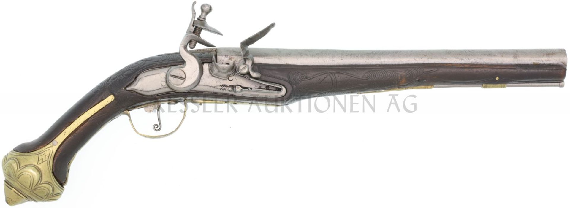 Steinschlosspistole, italienisch oder spanisch für den arabischen Markt, Kal. 15.3mm LL 280mm. TL