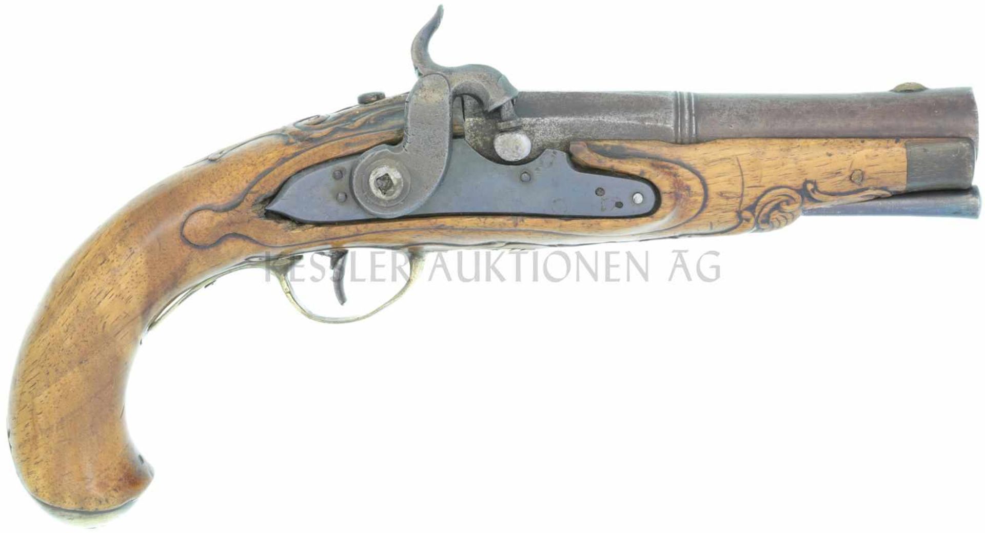 Perkussionsreisepistole, Kal. 11mm LL 140mm, TL 280mm, Rundlauf, Wurzel achtkantig, Messingkorn.