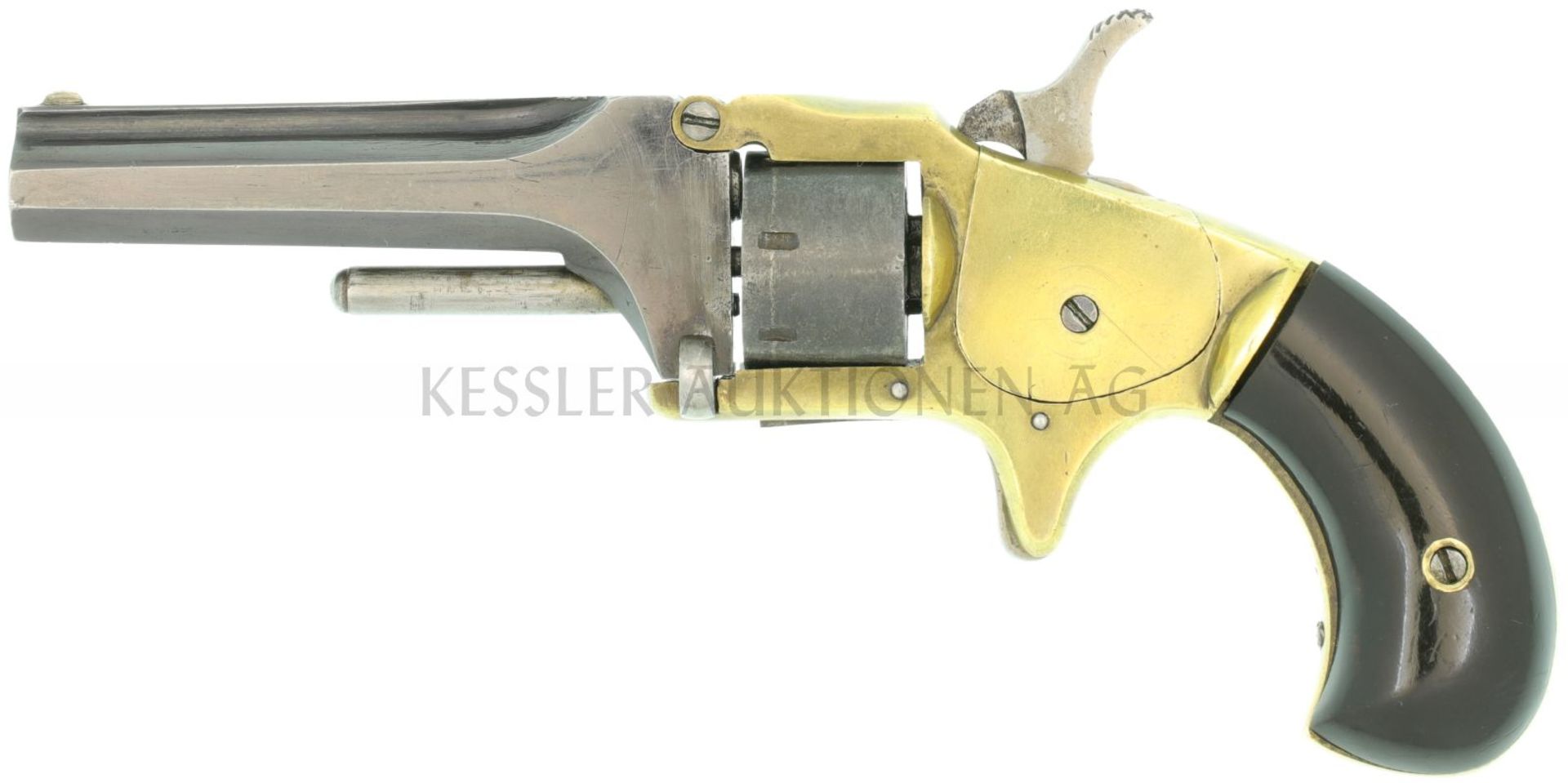 Revolver, Tip up, V. Sauerbrey, Basel, Kal. .22BP LL 80mm, Rahmen Messing, Stummelabzug. Trommel und