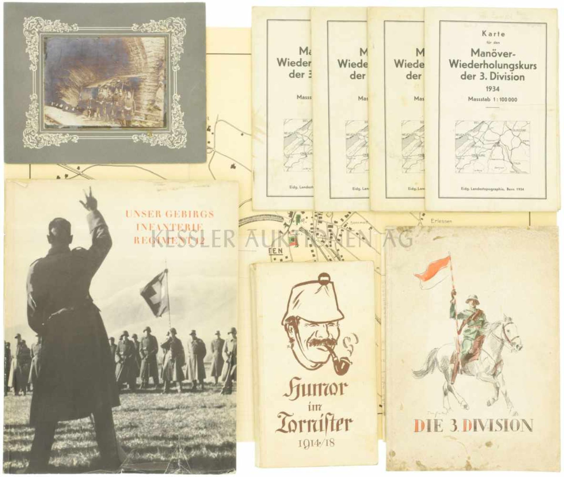 Konvolut von 3 Schriften und 5 Karten 1. Unsere Gebirgsinfanterie Regiment 12. 2. Die 3. Division