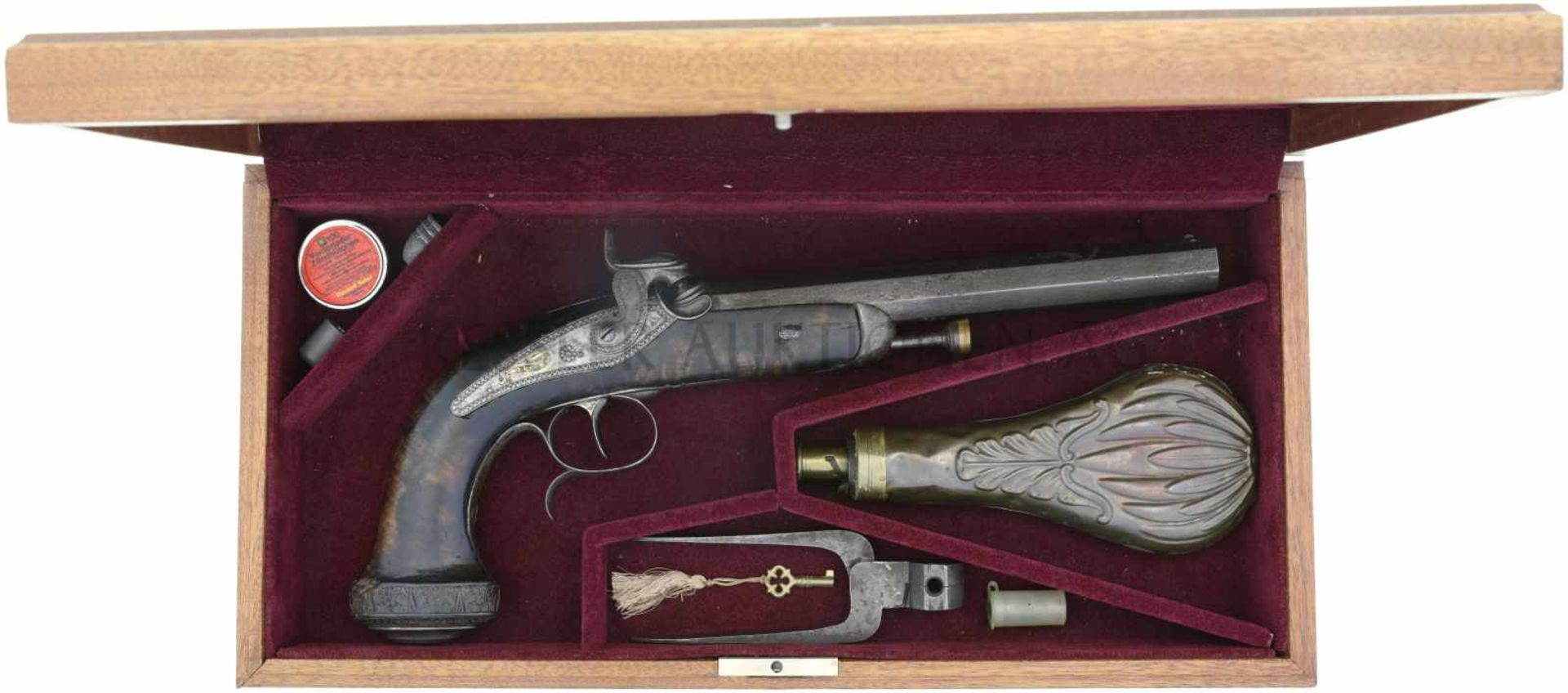 Perkussionspistole, Movet, franz. um 1820/30, Kal. 16.5mm LL 240mm, TL 390mm, achtkantiger Lauf,