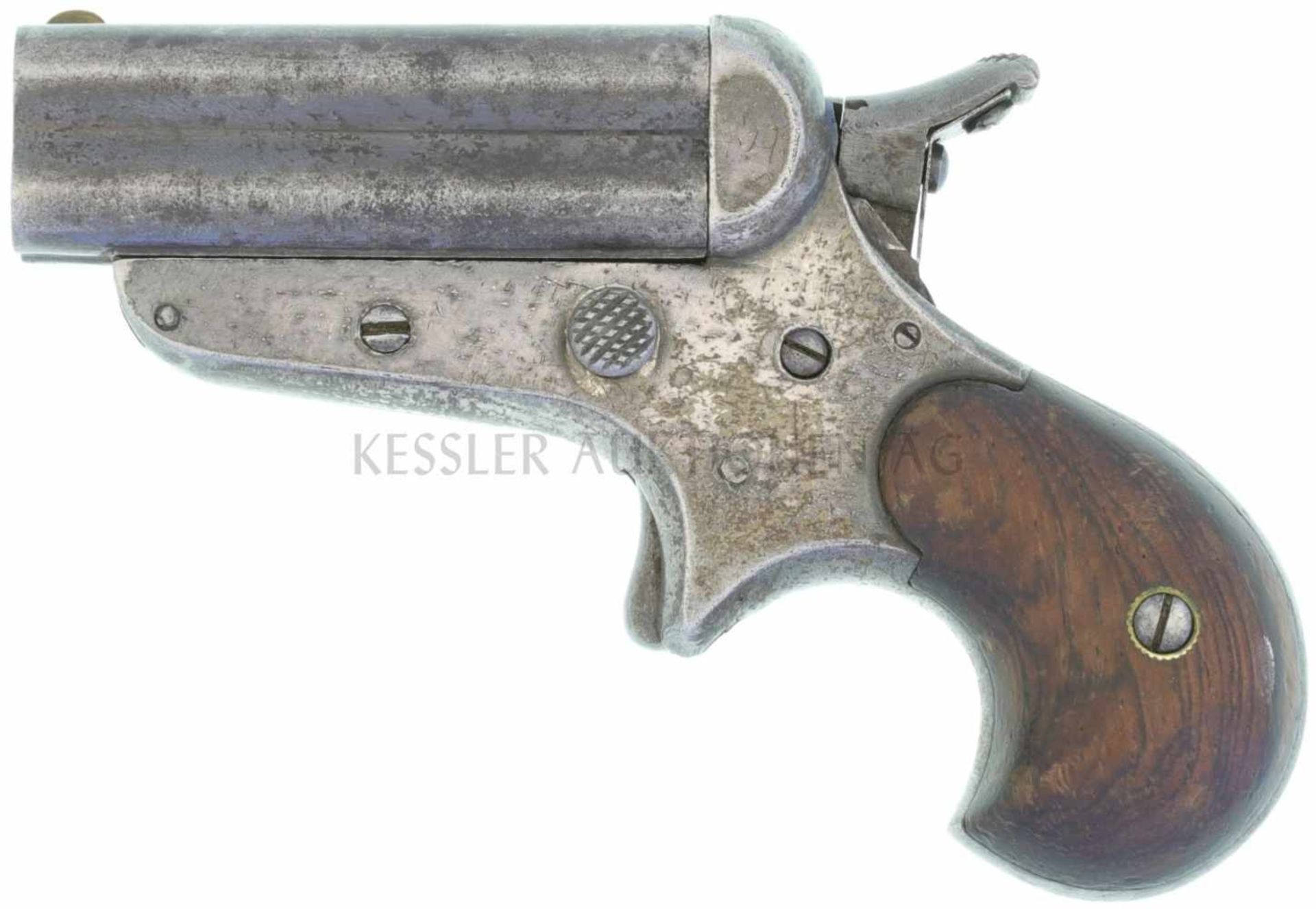 4-läufiger Derringer, Sharp, Kal. .32RF Stahlrahmen mit Stummelabzug. Laufbündel zum Laden nach