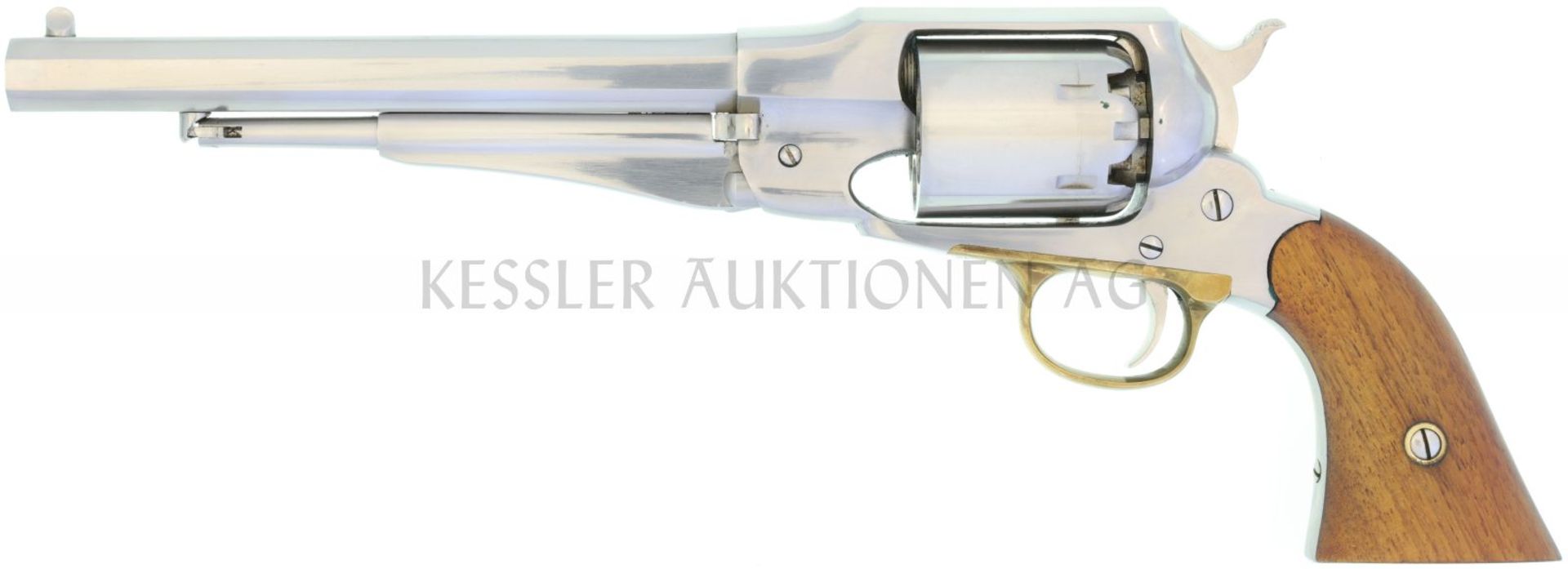 Perkussionsrevolver, Uberti, Replica Remington 1858, Kal. .44 LL 200mm, vernickelte Ganzstahlwaffe