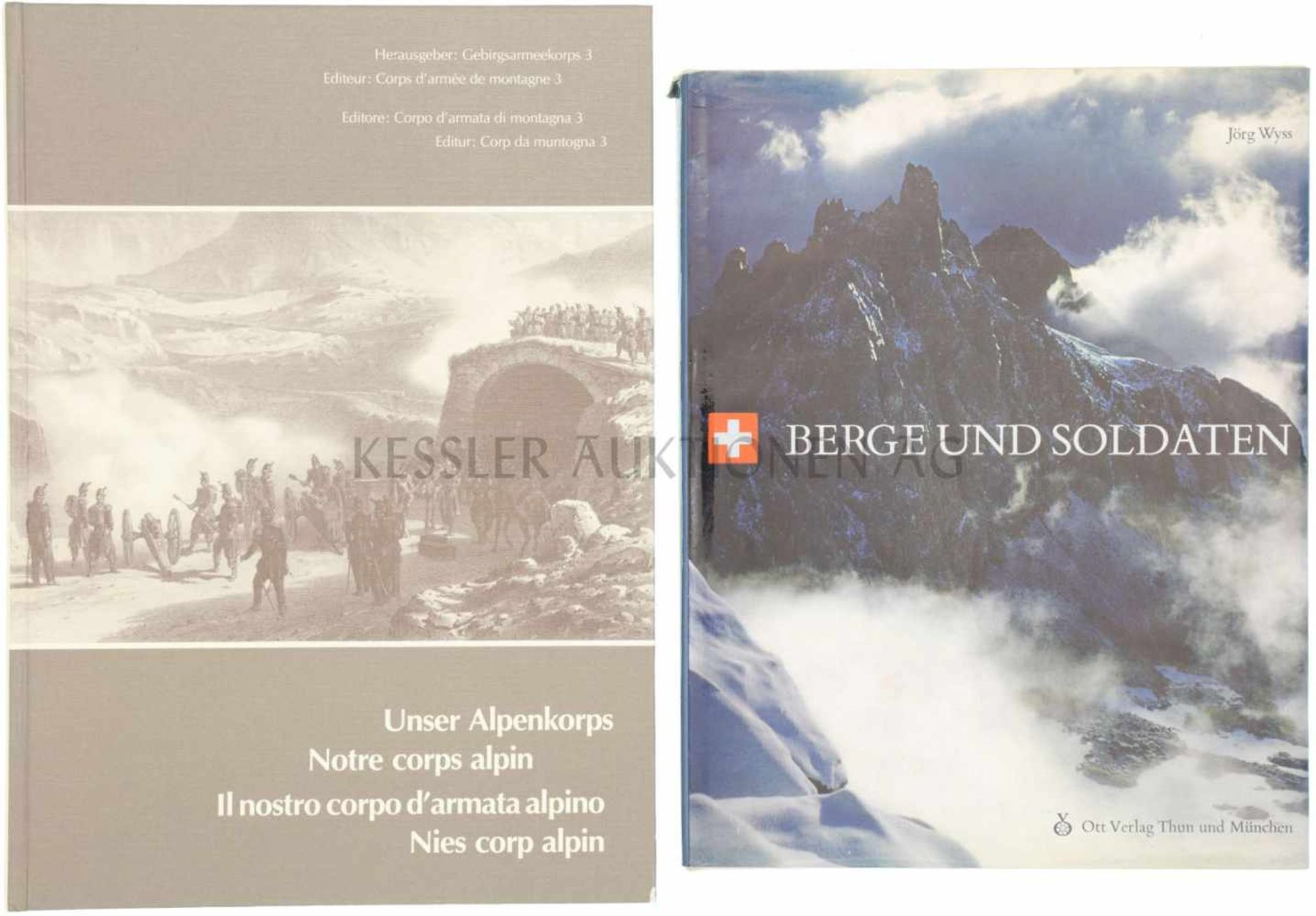 Konvolut von 2 Büchern 1. Berge und Soldaten, Autor Jörg Wyss, Ott Verlag Thun und München, 1963. 2.