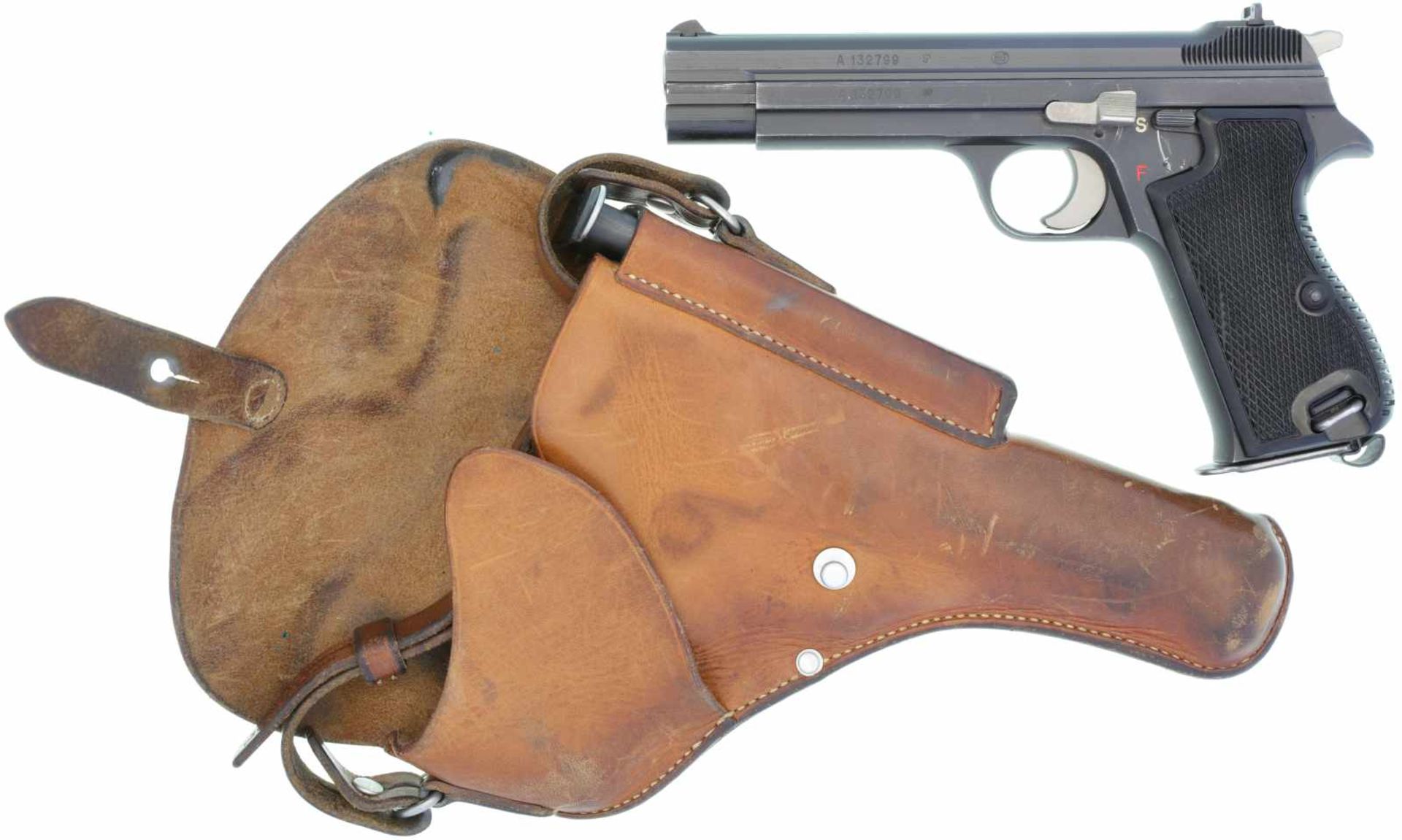 Pistole, SIG P 49, Kal. 9mmP LL 120mm, sandgestrahlte, brünierte Ganzstahlwaffe mit SA-Abzug.