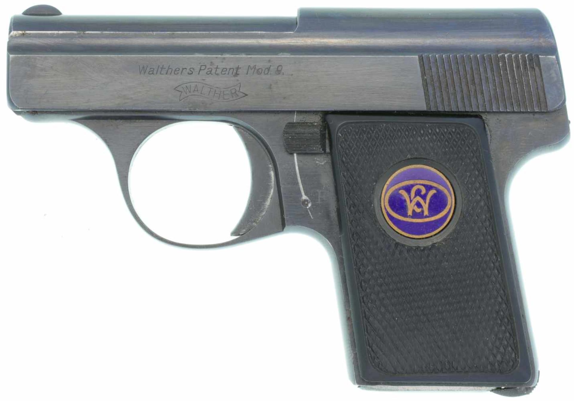 Taschenpistole, Walther Mod. 9, Kal. 6.35mm Brünierte Ganzstahlwaffe, schwarze Hartgummigriffschalen