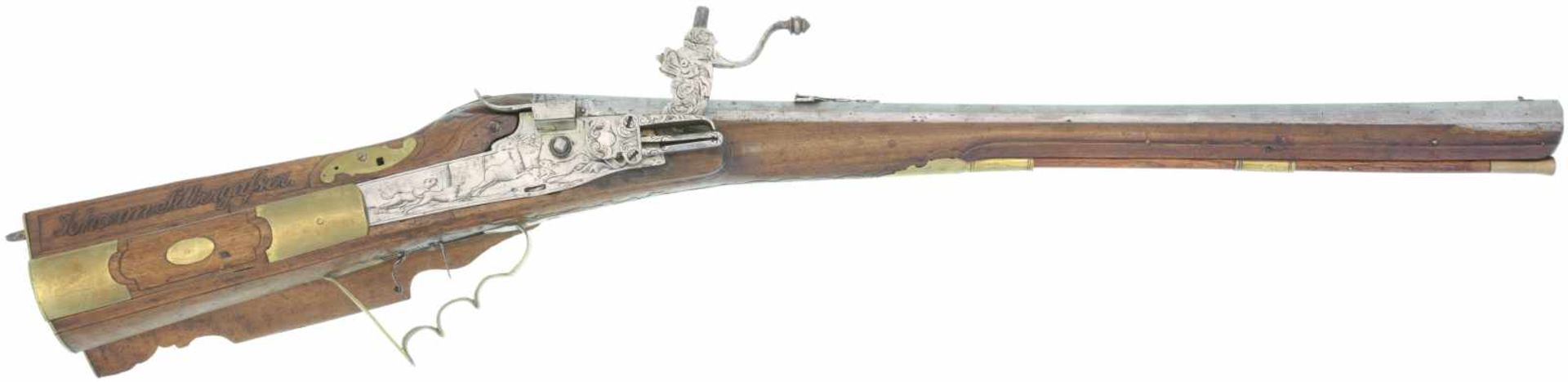 Radschlossgewehr, Sadler um 1770, Kal. 15mm. LL640mm, TL 970mm, Oktagonlauf mit 7 Zügen,