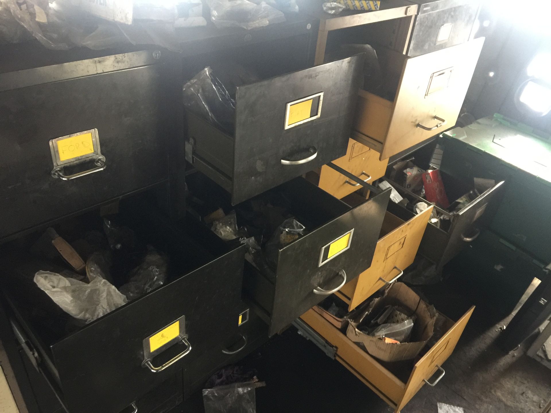 4 x 4 Drawer filing cabinets and contents briefly comprising assorted bearings, gear box bearings,