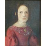 Biedermeier Portrait, 19.Jh., Öl/Lw., Junge Frau in rotem Kleid, 29,5cm x 24cm, i.R.