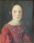 Biedermeier Portrait, 19.Jh., Öl/Lw., Junge Frau in rotem Kleid, 29,5cm x 24cm, i.R.