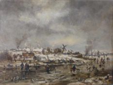 Stademann, Adolf (1824 - 1895 München), Öl/Holz, Wintervergnügen, schneebeckte Landschaft mit See