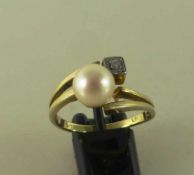 Damenring, Gelbgold 585 mit Perle u. kleinen Diamanten, RG 17mm, 3g.