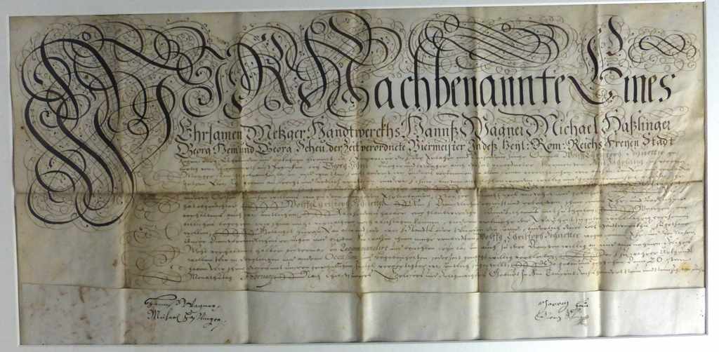 Kundschaftsbrief des Metzger - Handwerks, um 1700, Tusche auf Bütten, feine kalligraphische Urkunde,