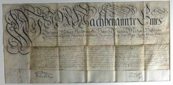 Kundschaftsbrief des Metzger - Handwerks, um 1700, Tusche auf Bütten, feine kalligraphische Urkunde,