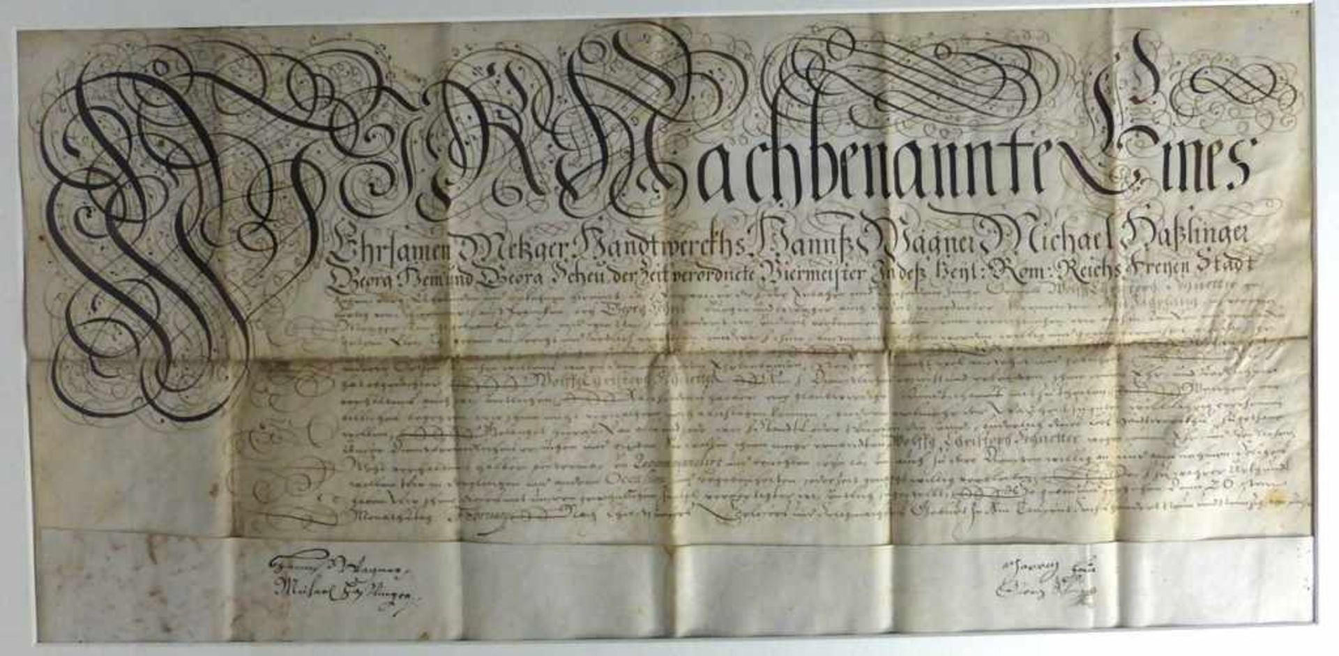 Kundschaftsbrief des Metzger - Handwerks, um 1700, Tusche auf Bütten, feine kalligraphische Urkunde,