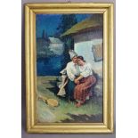 Gemälde, Ungarn um 1920, Öl/Lw. auf Holz aufgezogen, sitzendes Paar in landestypischer Tracht vor