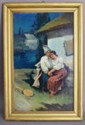 Gemälde, Ungarn um 1920, Öl/Lw. auf Holz aufgezogen, sitzendes Paar in landestypischer Tracht vor