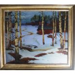 Gemälde Öl/Malkarton, re.u.sign. S. Tichonrawoff, dat. 1920, verschneite Landschaft mit Birken im