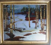 Gemälde Öl/Malkarton, re.u.sign. S. Tichonrawoff, dat. 1920, verschneite Landschaft mit Birken im