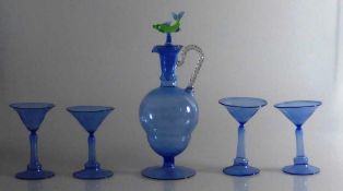 Likör - Garnitur, wohl Lauscha, blaues Glas, Karaffe mit Stöpsel und vier Likörschalen, Karaffe h.